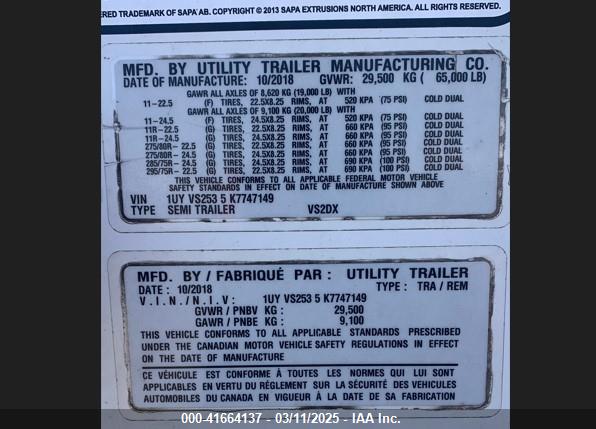 2019 UTILITY TRAILER MFG UNKNOWN VIN: 1UYVS2535K7747149