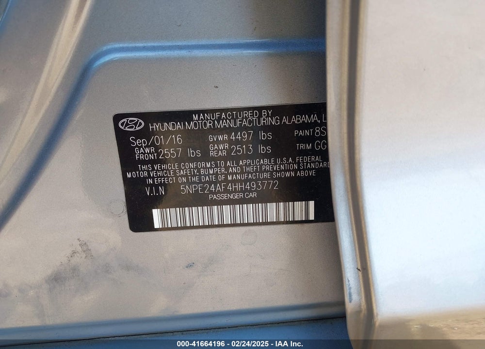 2017 HYUNDAI SONATA VIN: 5NPE24AF4HH493772
