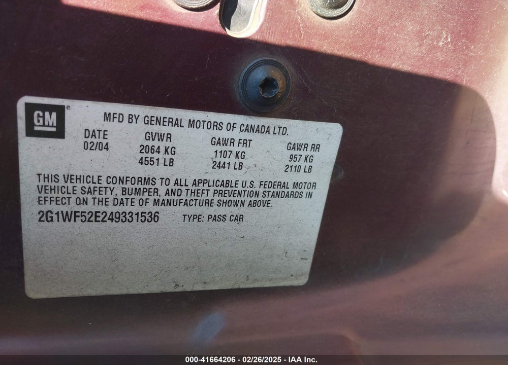 2004 CHEVROLET IMPALA VIN: 2G1WF52E249331536