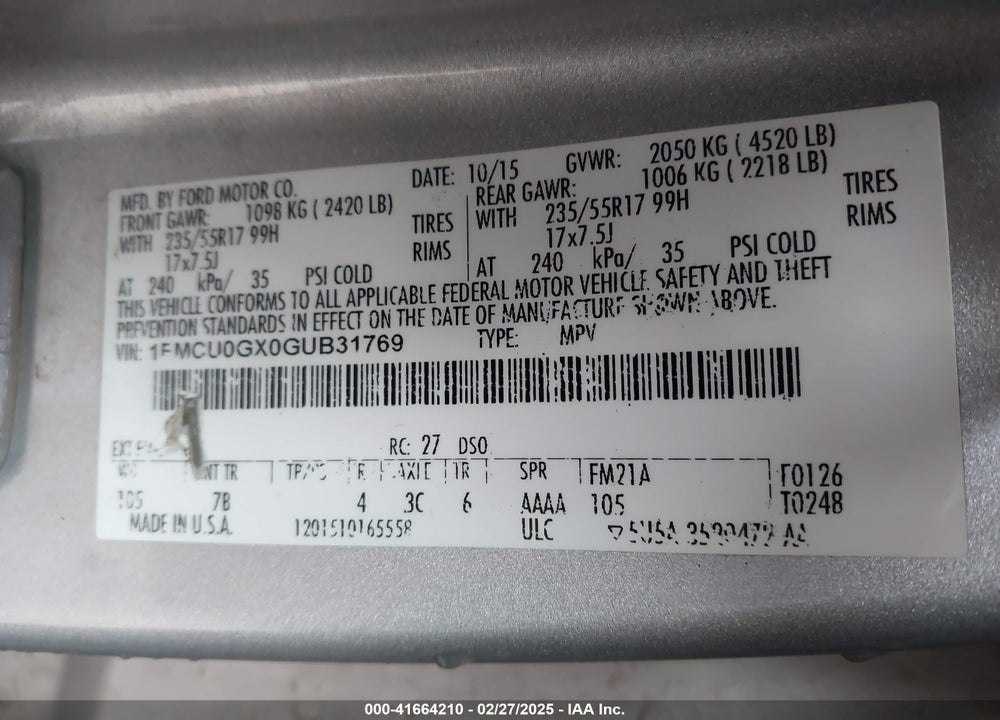 2016 FORD ESCAPE VIN: 1FMCU0GX0GUB31769