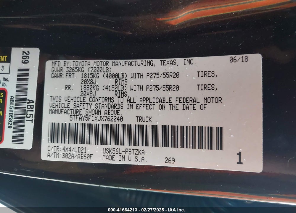 2018 TOYOTA TUNDRA 1794 5.7L V8 VIN: 5TFAY5F1XJX762240