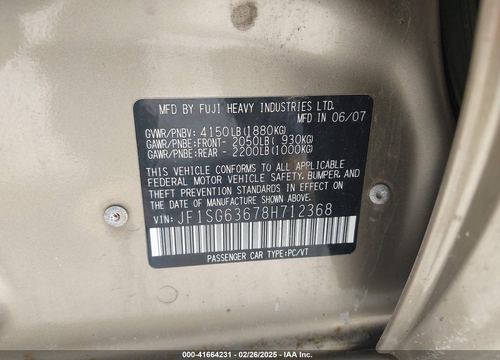 2008 SUBARU FORESTER VIN: JF1SG63678H712368