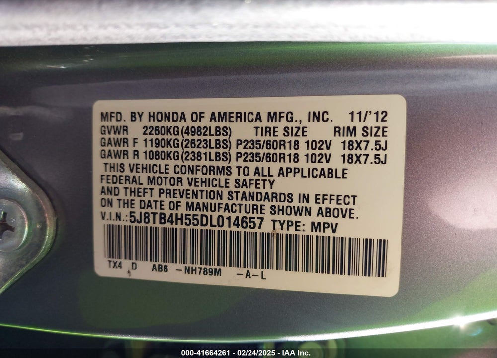 2013 ACURA RDX VIN: 5J8TB4H55DL014657