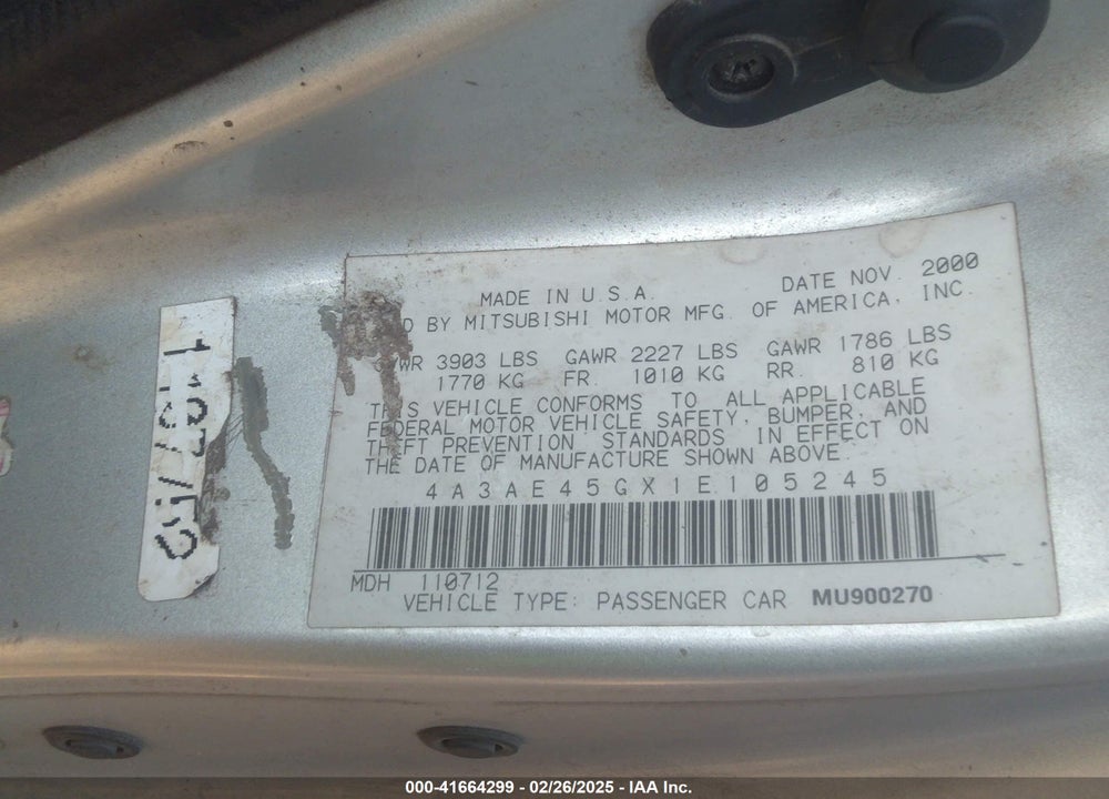 2001 MITSUBISHI ECLIPSE SPYDER GS VIN: 4A3AE45GX1E105245