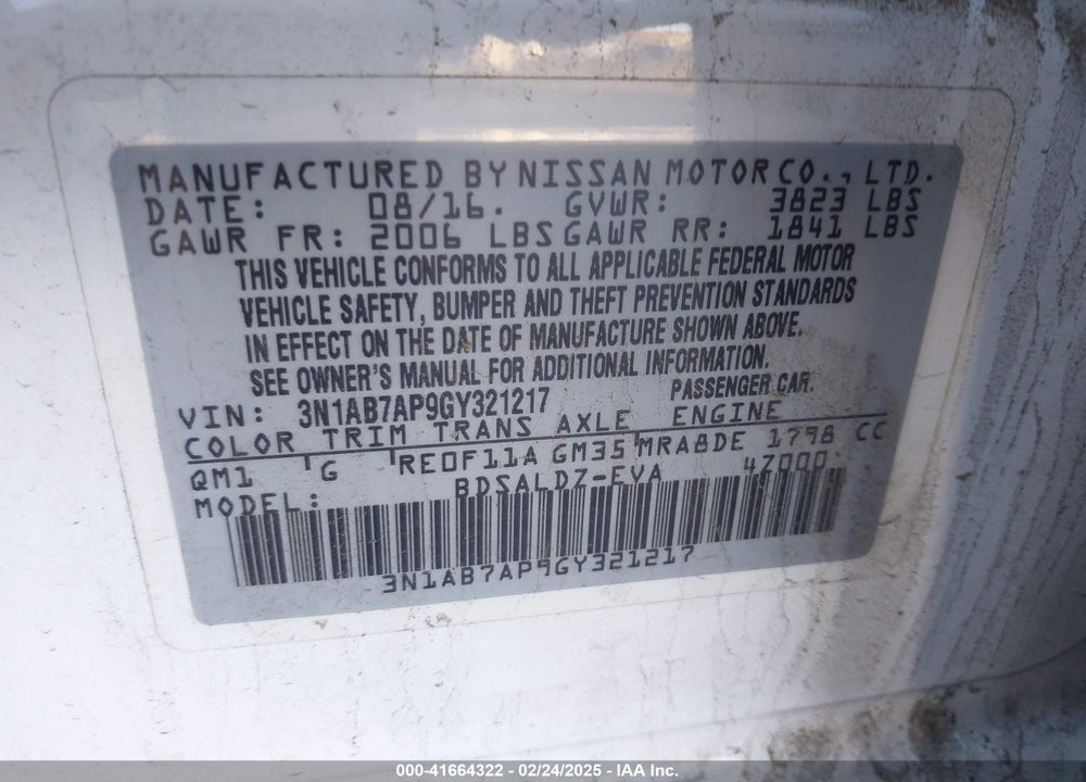 2016 NISSAN SENTRA VIN: 3N1AB7AP9GY321217