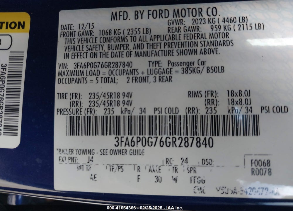 2016 FORD FUSION VIN: 3FA6P0G76GR287840