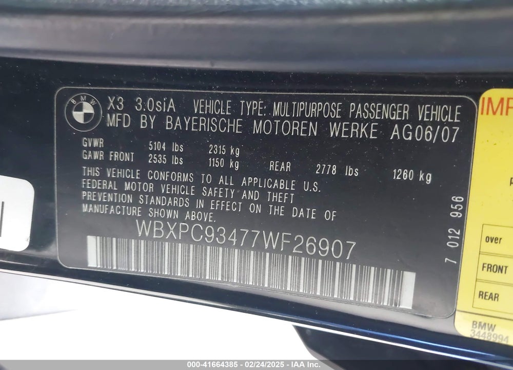 2007 BMW X3 3.0SI VIN: WBXPC93477WF26907