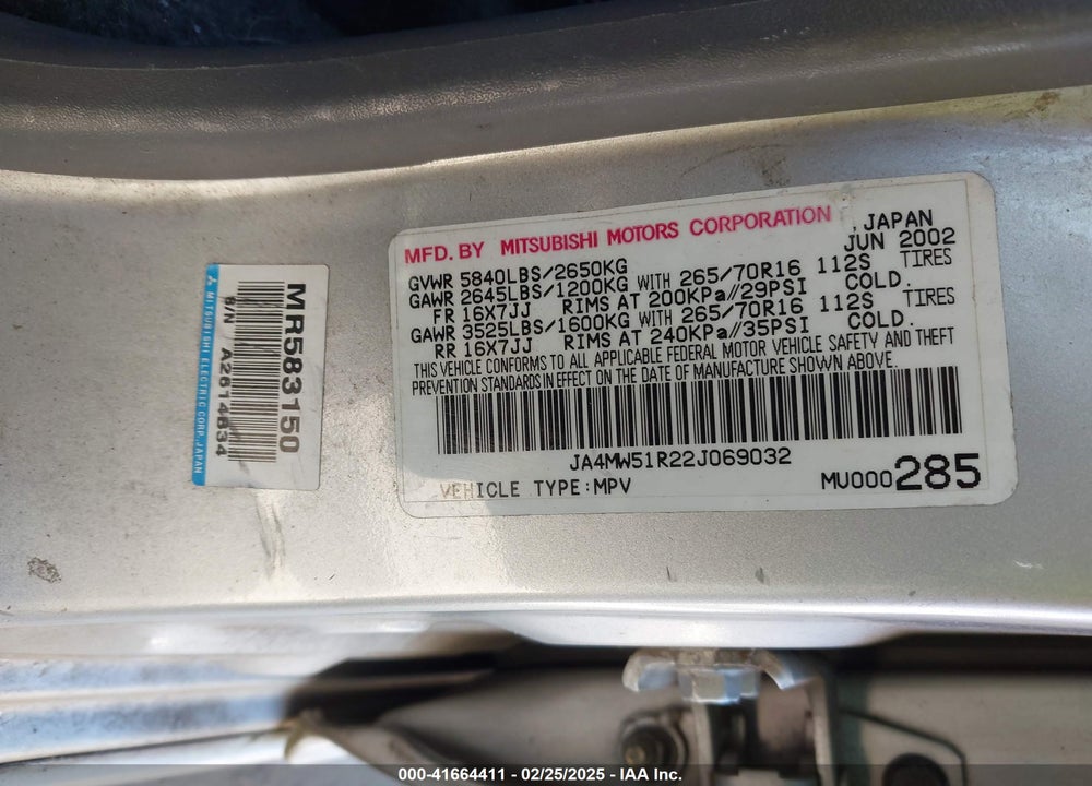 2002 MITSUBISHI MONTERO LIMITED VIN: JA4MW51R22J069032