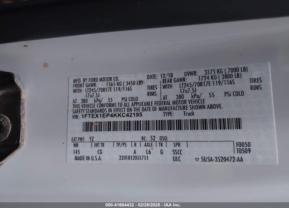 2019 FORD F-150 VIN: 1FTEX1EP4KKC42195