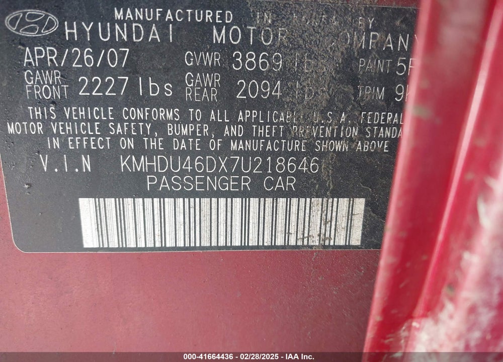 2007 HYUNDAI ELANTRA GLS/LIMITED/SE VIN: KMHDU46DX7U218646