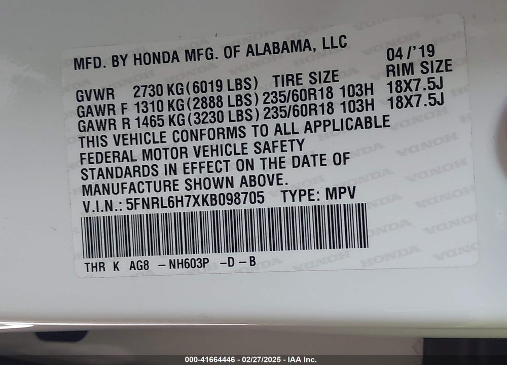 2019 HONDA ODYSSEY VIN: 5FNRL6H7XKB098705