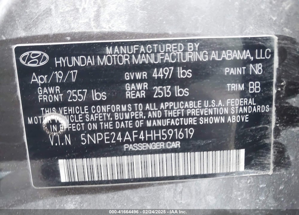 2017 HYUNDAI SONATA VIN: 5NPE24AF4HH591619