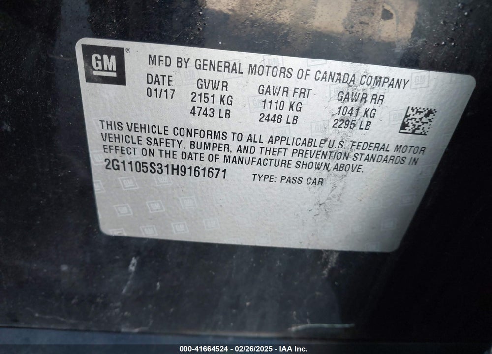 2017 CHEVROLET IMPALA VIN: 2G1105S31H9161671