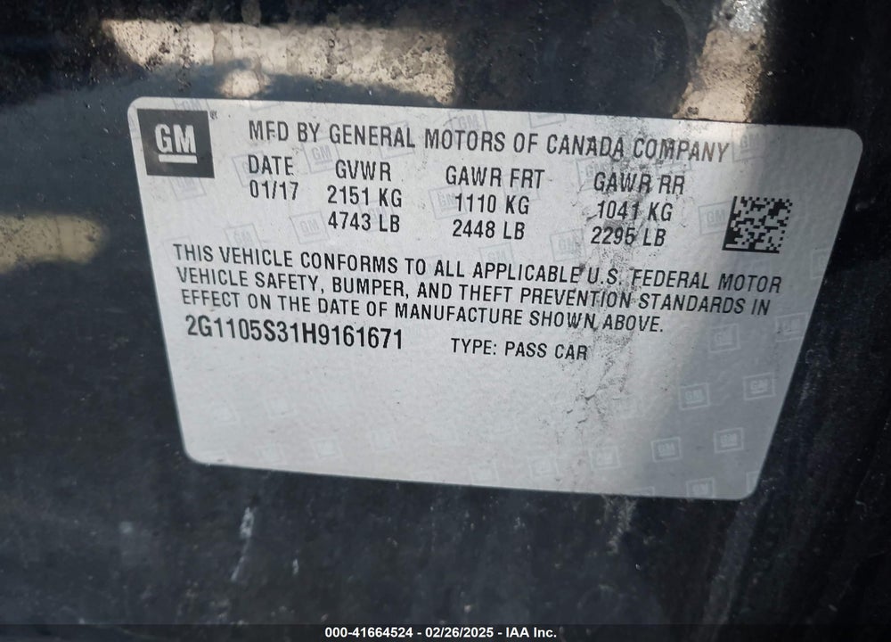 2017 CHEVROLET IMPALA VIN: 2G1105S31H9161671