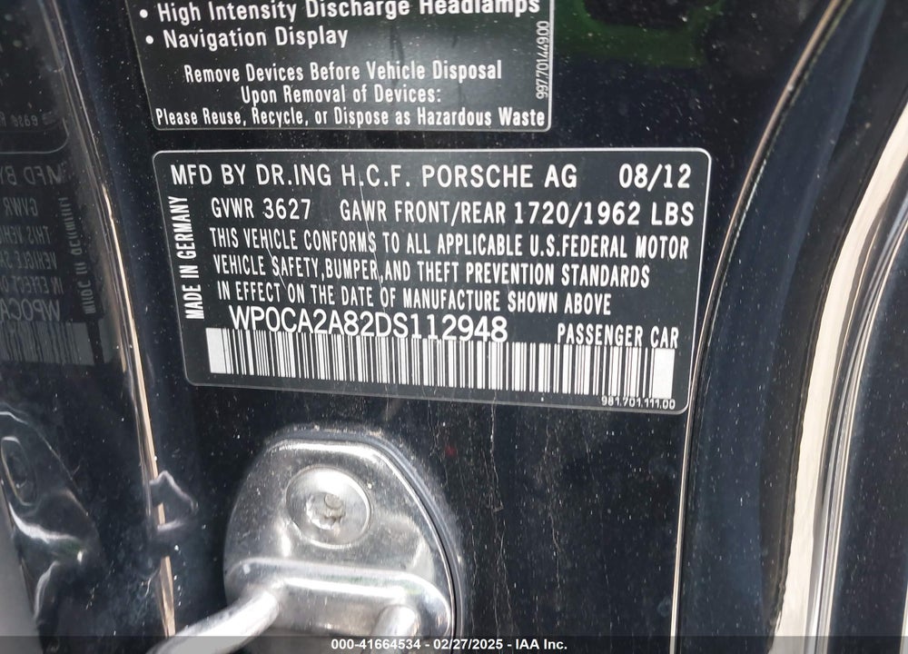 2013 PORSCHE BOXSTER VIN: WP0CA2A82DS112948