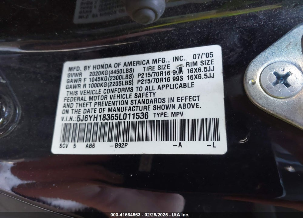 2005 HONDA ELEMENT LX VIN: 5J6YH18365L011536