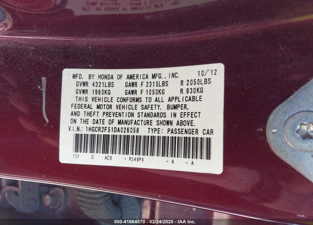 2013 HONDA ACCORD VIN: 1HGCR2F51DA026058