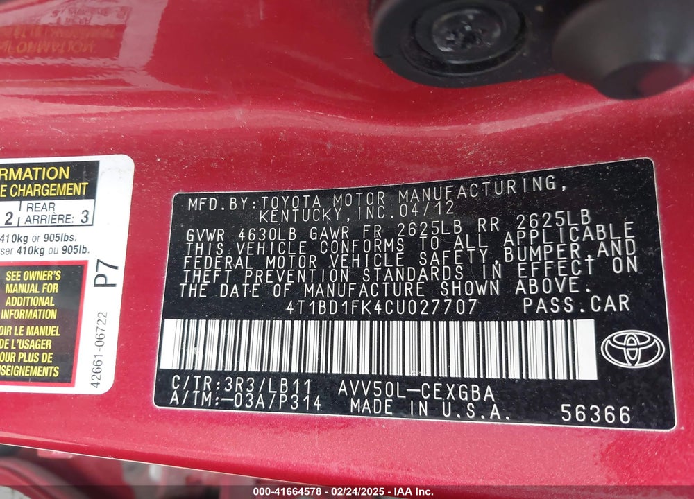 2012 TOYOTA CAMRY HYBRID XLE VIN: 4T1BD1FK4CU027707
