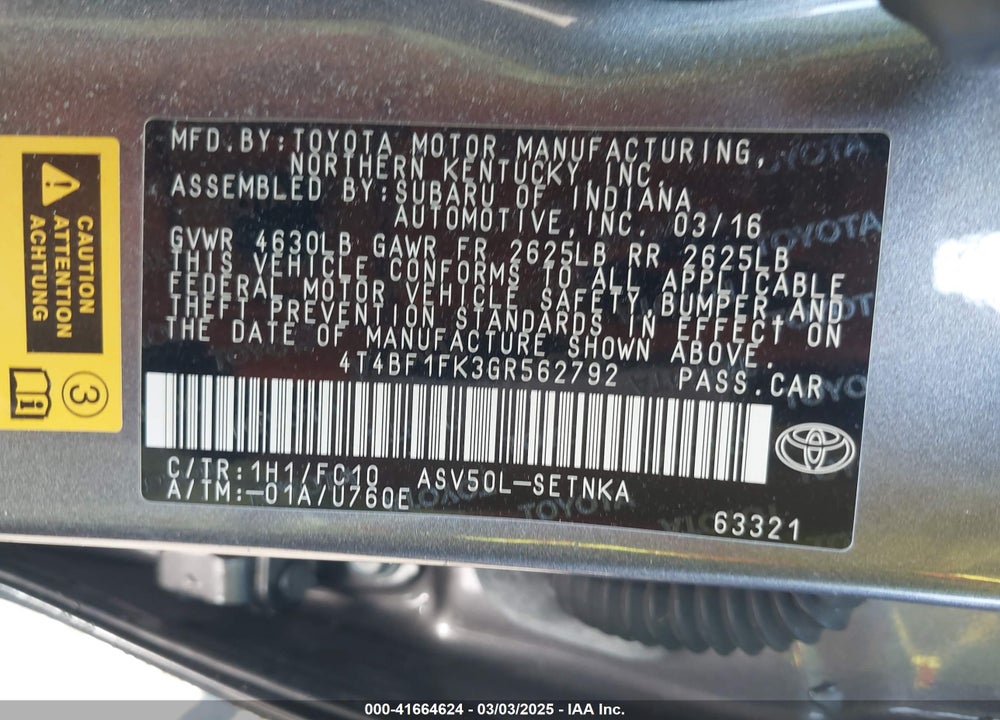 2016 TOYOTA CAMRY VIN: 4T4BF1FK3GR562792
