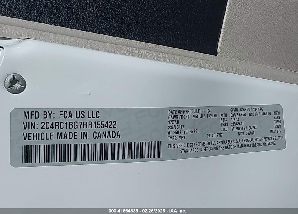 2024 CHRYSLER PACIFICA TOURING L VIN: 2C4RC1BG7RR155422