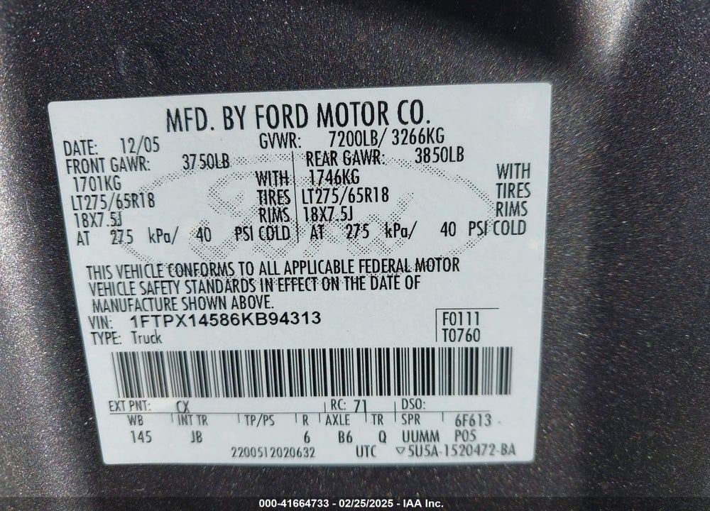 2006 FORD F-150 FX4/LARIAT/XL/XLT VIN: 1FTPX14586KB94313