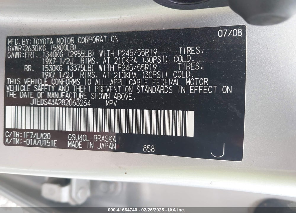 2008 TOYOTA HIGHLANDER SPORT VIN: JTEDS43A282063264
