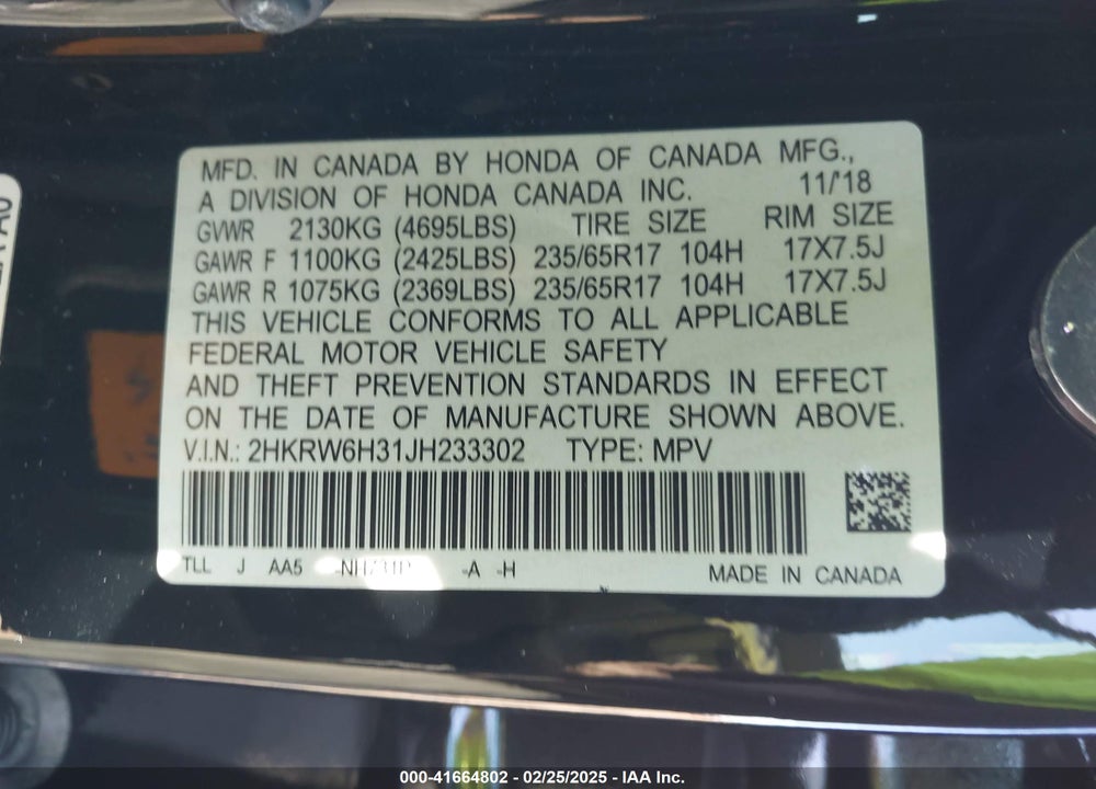 2018 HONDA CR-V VIN: 2HKRW6H31JH233302