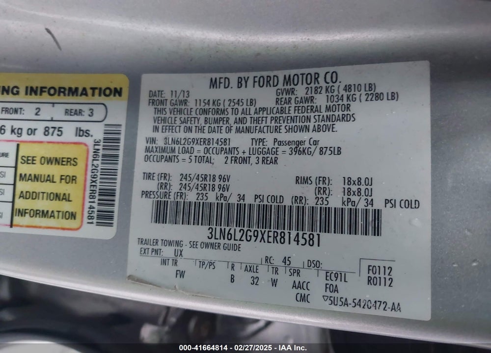 2014 LINCOLN MKZ VIN: 3LN6L2G9XER814581
