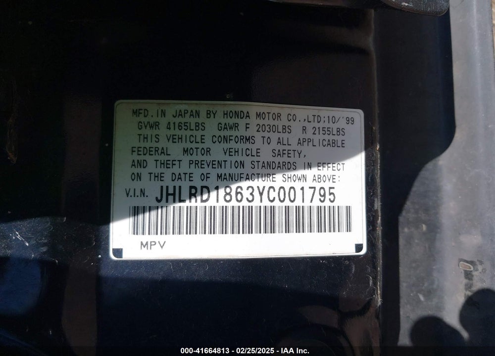 2000 HONDA CR-V EX VIN: JHLRD1863YC001795