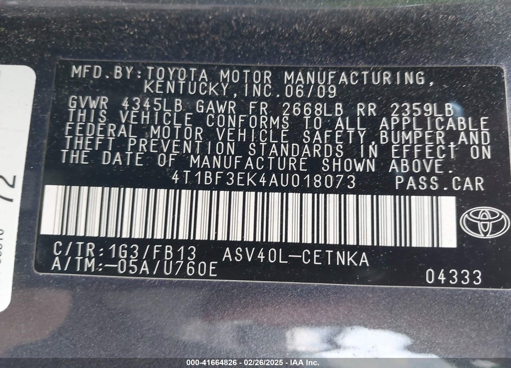 2010 TOYOTA CAMRY LE VIN: 4T1BF3EK4AU018073