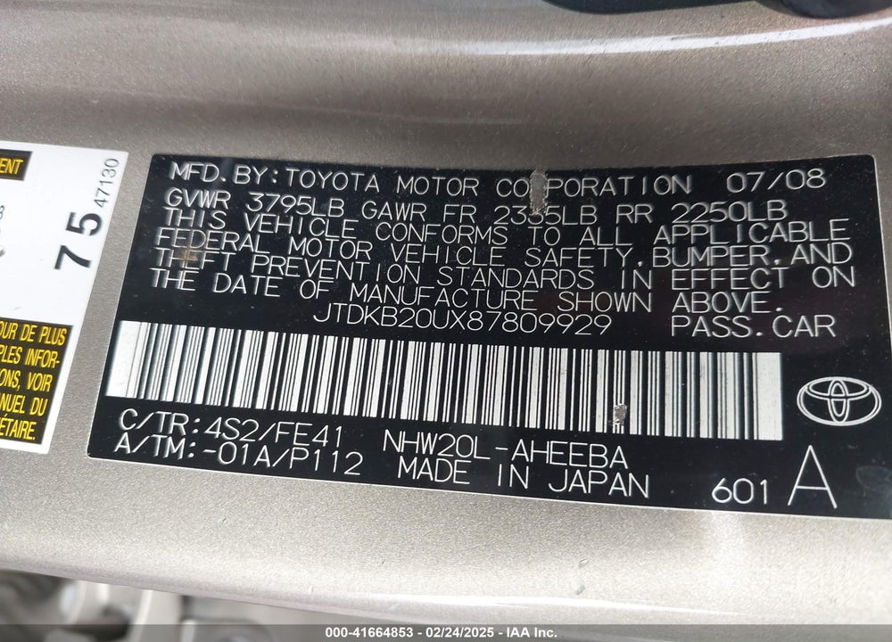 2008 TOYOTA PRIUS VIN: JTDKB20UX87809929
