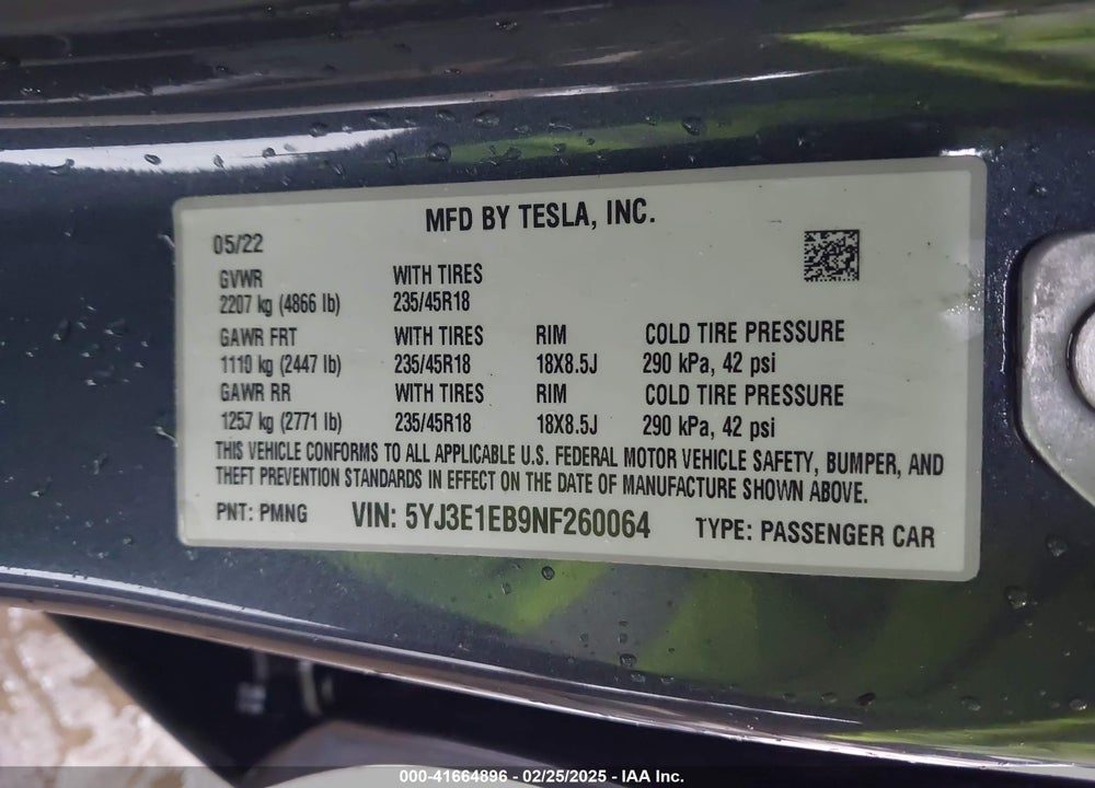 2022 TESLA MODEL 3 VIN: 5YJ3E1EB9NF260064