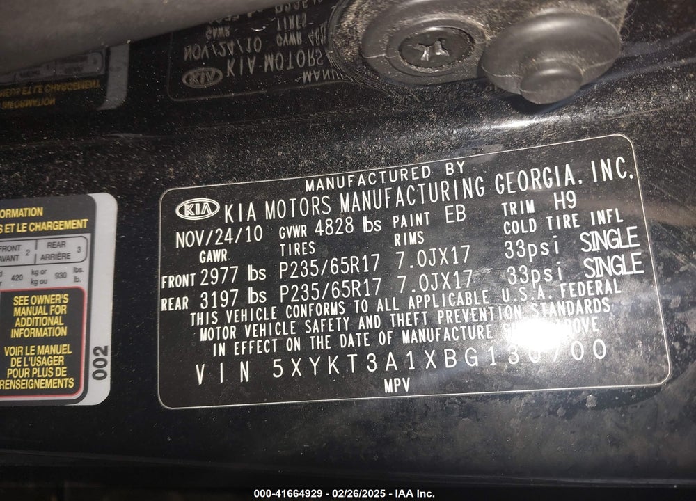2011 KIA SORENTO VIN: 5XYKT3A1XBG130700