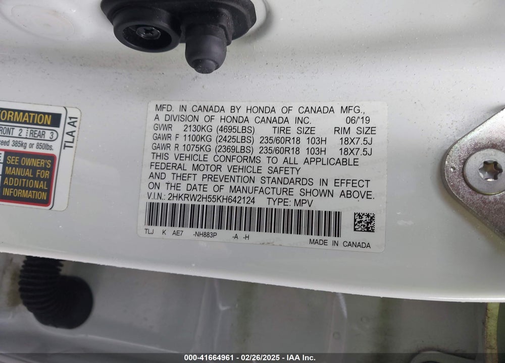 2019 HONDA CR-V VIN: 2HKRW2H55KH642124