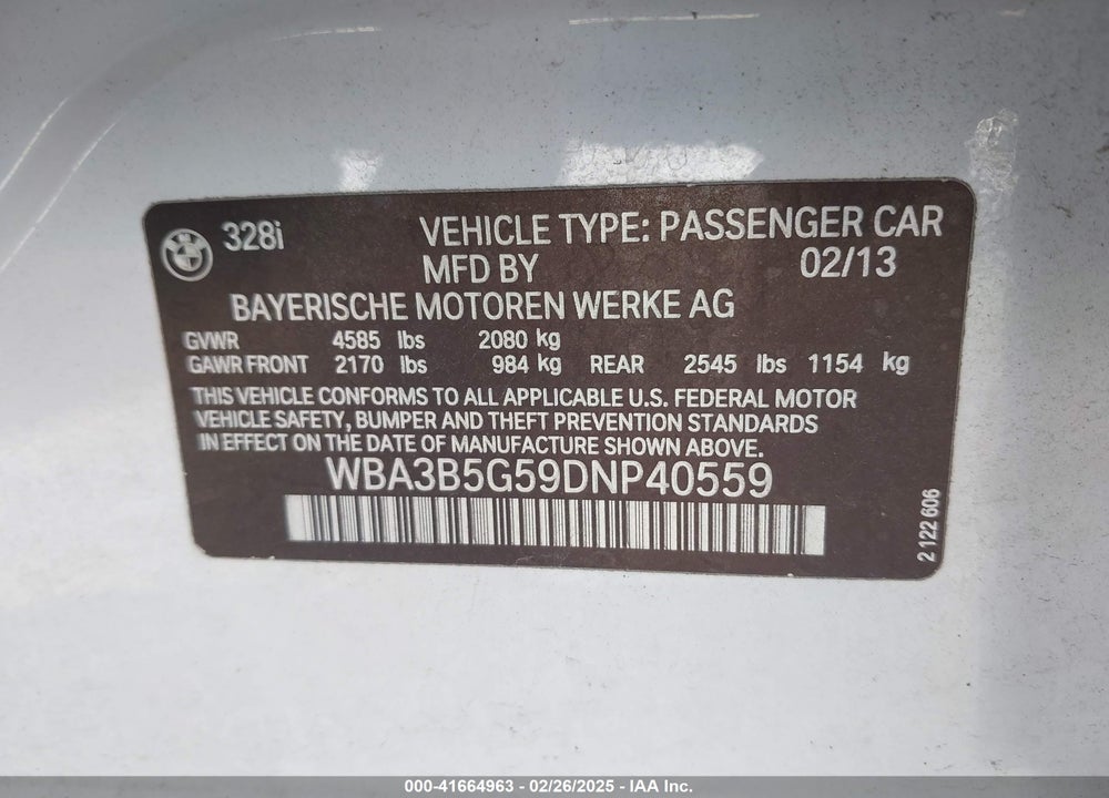 2013 BMW 328 VIN: WBA3B5G59DNP40559
