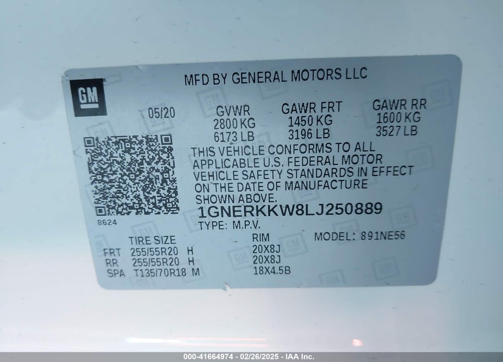 2020 CHEVROLET TRAVERSE VIN: 1GNERKKW8LJ250889