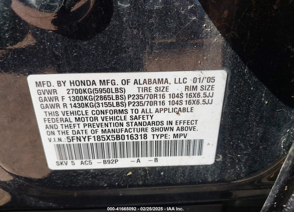 2005 HONDA PILOT EX-L VIN: 5FNYF185X5B016318