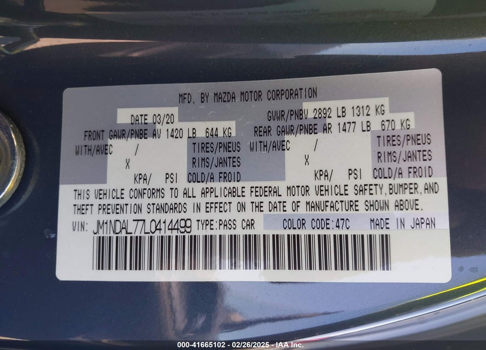 2020 MAZDA MX-5 MIATA RF VIN: JM1NDAL77L0414499