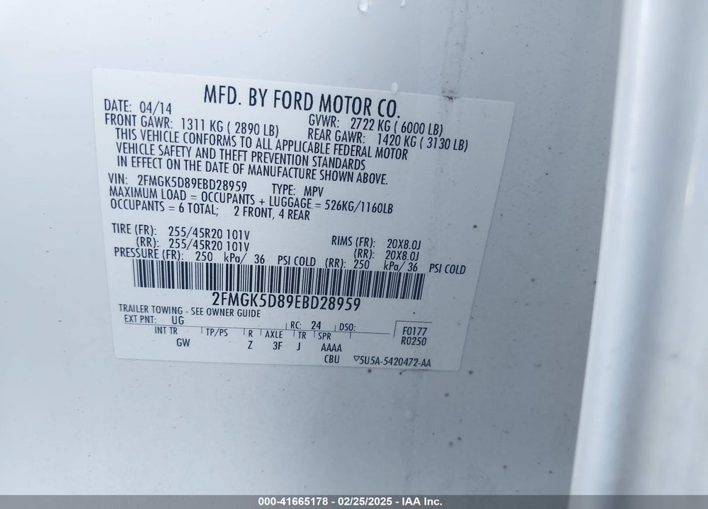 2014 FORD FLEX VIN: 2FMGK5D89EBD28959
