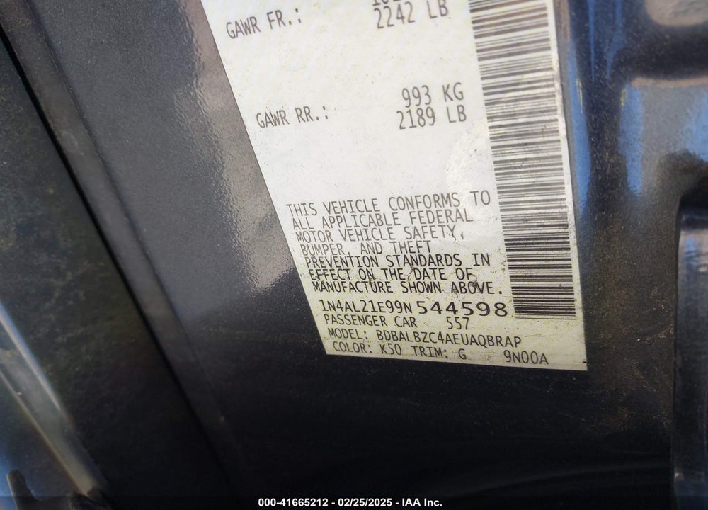 2009 NISSAN ALTIMA VIN: 1N4AL21E99N544598