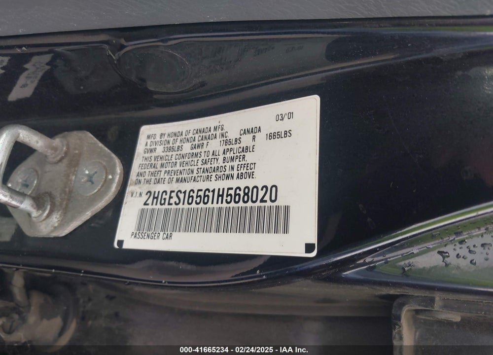2001 HONDA CIVIC LX VIN: 2HGES16561H568020