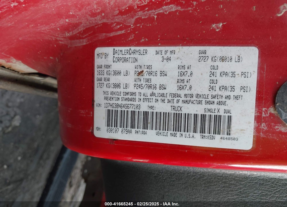 2004 DODGE DAKOTA SPORT/SXT VIN: 1D7HG38N64S677103