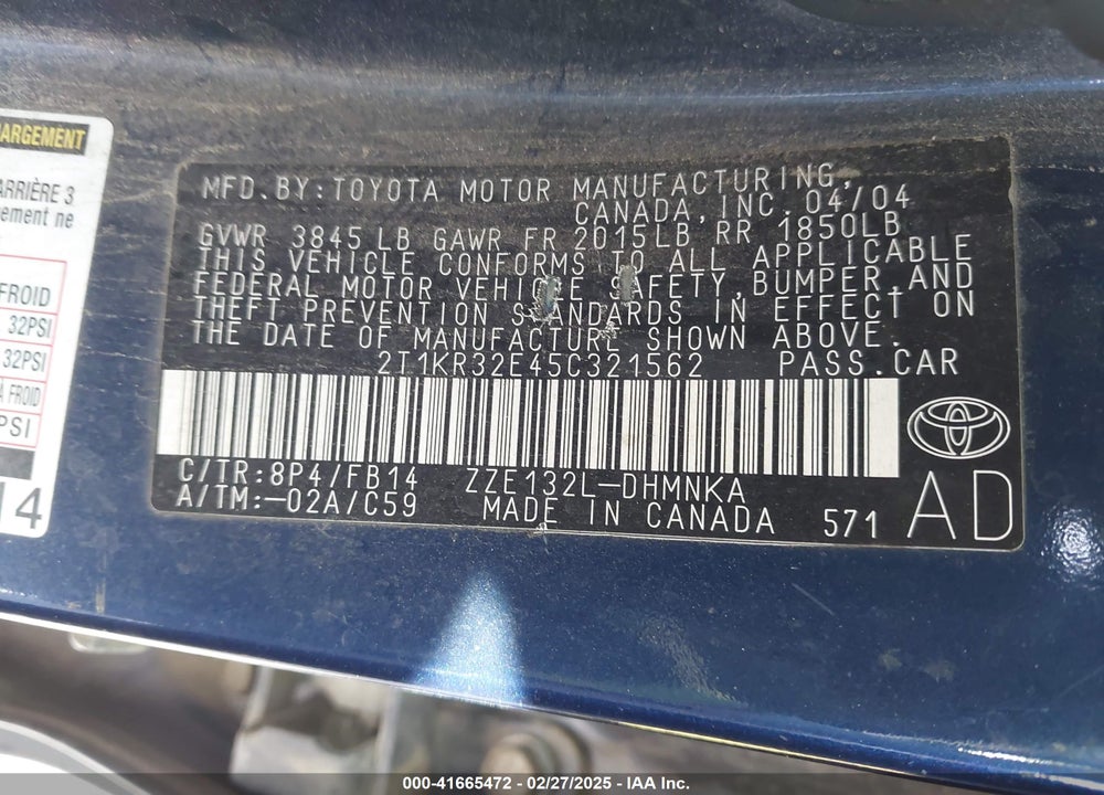 2005 TOYOTA MATRIX/XR VIN: 2T1KR32E45C321562