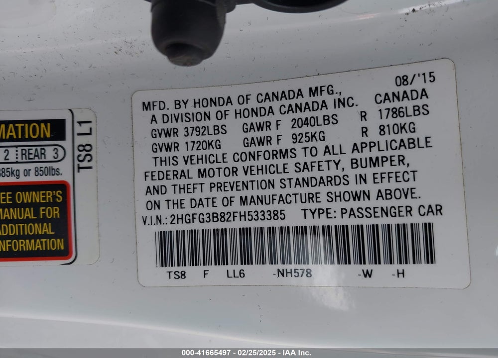 2015 HONDA CIVIC VIN: 2HGFG3B82FH533385