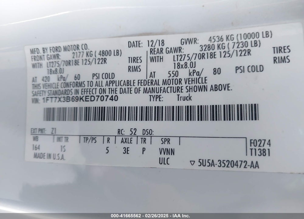 2019 FORD F 350 VIN: 1FT7X3B69KED70740