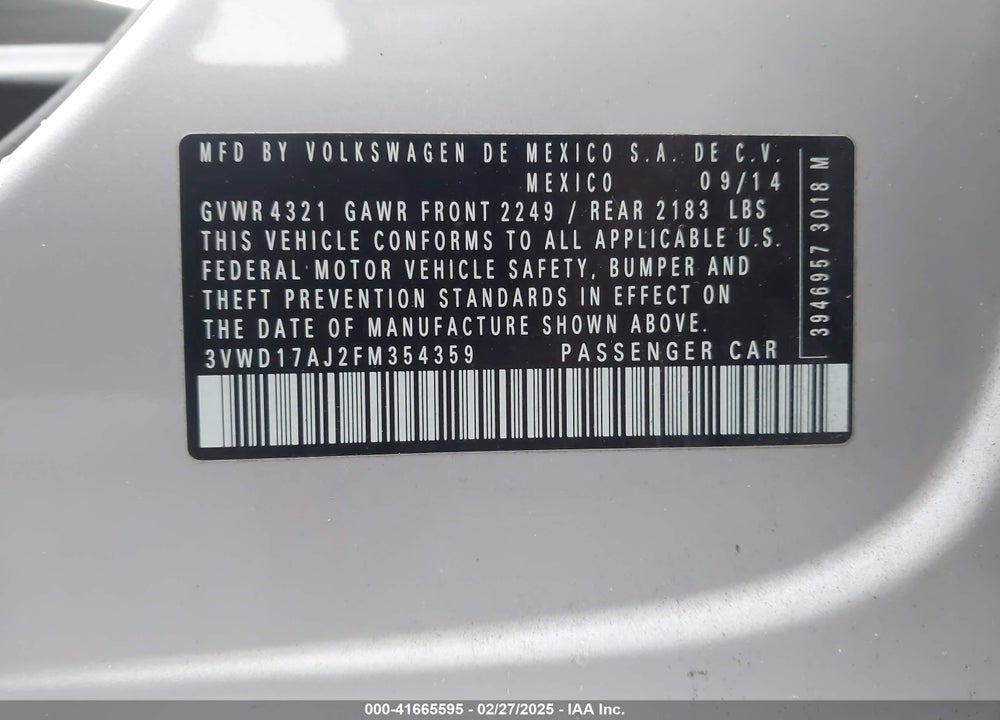 2015 VOLKSWAGEN JETTA VIN: 3VWD17AJ2FM354359