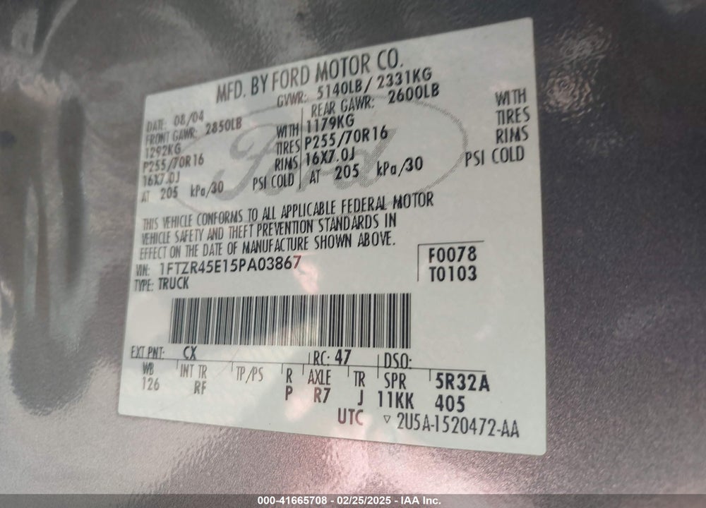 2005 FORD RANGER VIN: 1FTZR45E15PA03867