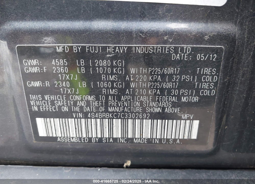 2012 SUBARU OUTBACK 2.5I LIMITED VIN: 4S4BRBKC7C3302692