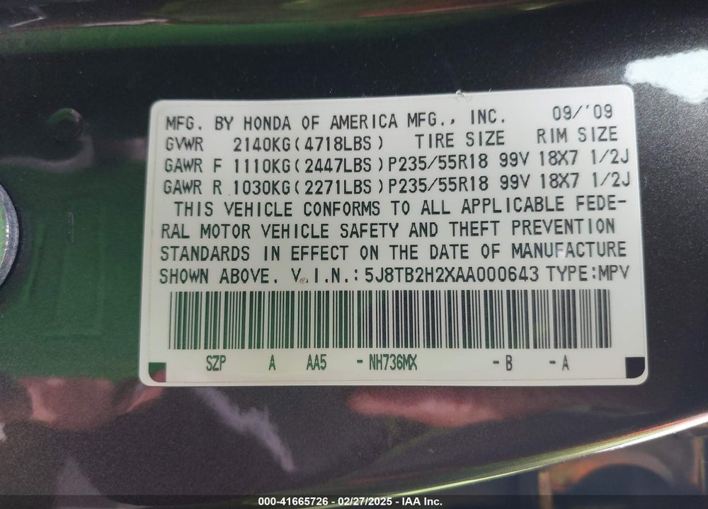 2010 ACURA RDX VIN: 5J8TB2H2XAA000643
