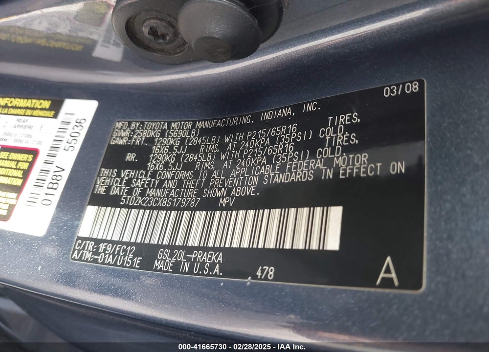 2008 TOYOTA SIENNA VIN: 5TDZK23CX8S179787